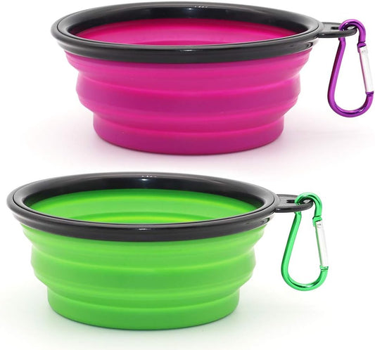 Collapsible Dog and Cat Bowls - 2 Pack Portable Pet Feeding and Watering Dishes with Carabiners (Small, Green and Purple)