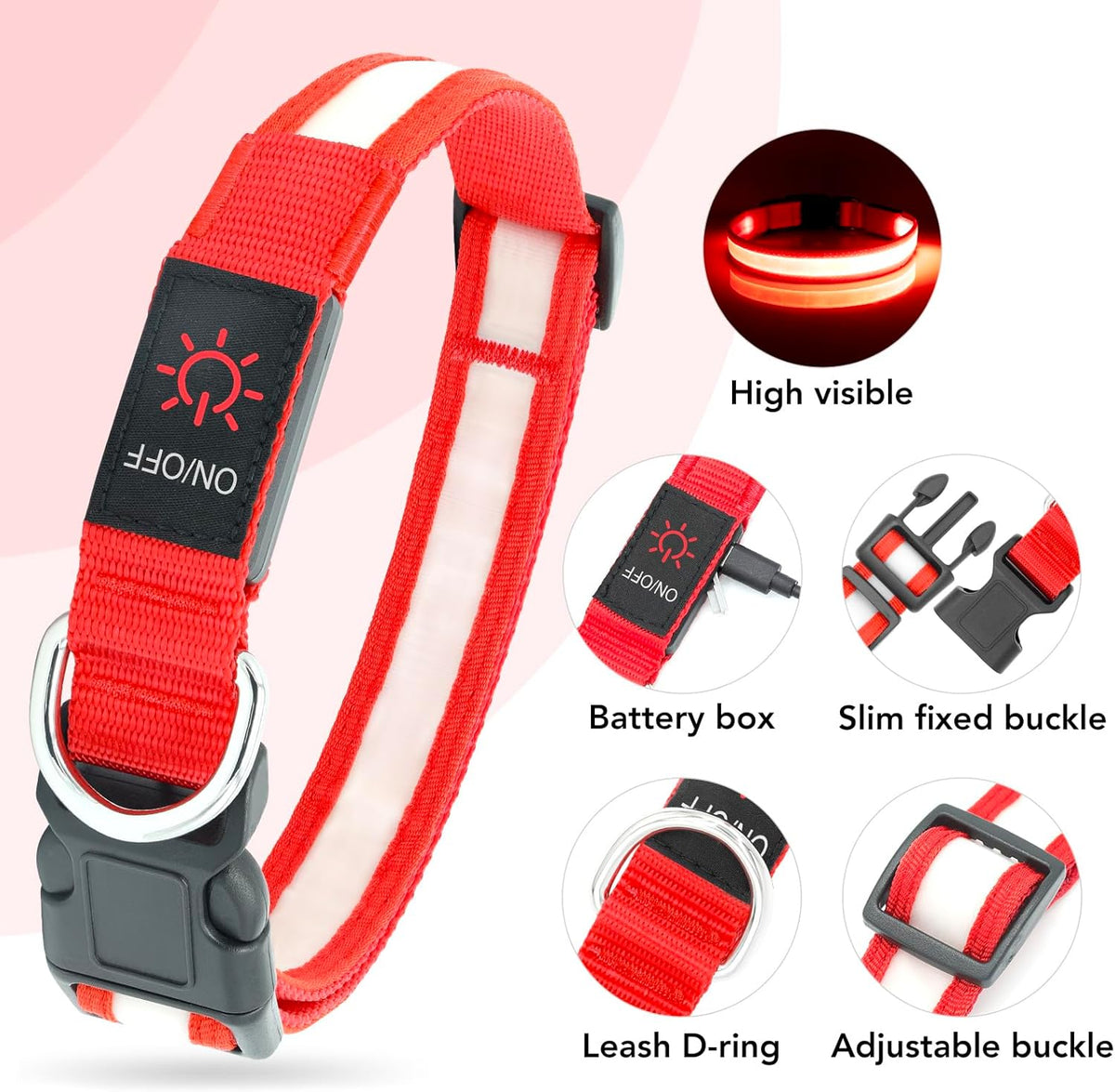 LED Dog Collar - Adjustable USB Rechargeable Super Bright Safety Light for Medium Dogs (Red)
