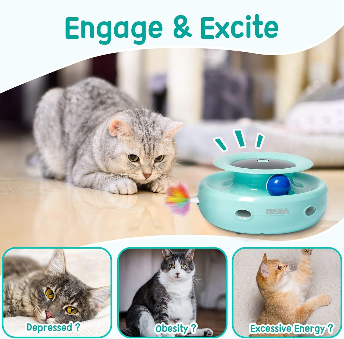 2-In-1 Interactive Cat Toy Set for Indoor Cats - Automatic Toy Balls and Feather Mice with 7 Attachments, Dual Power Supply, Adjustable Speed, Auto On/Off Feature
