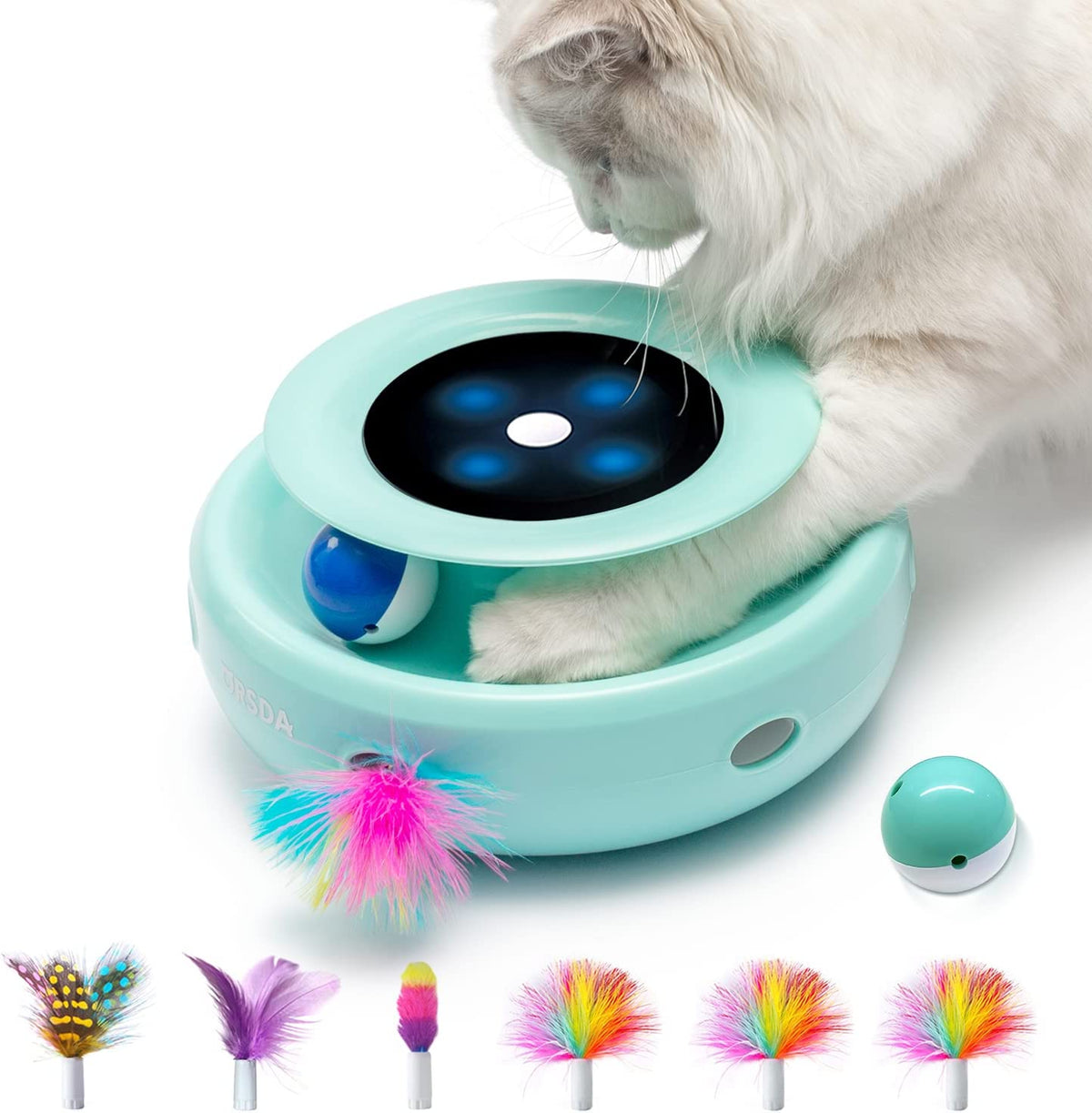 2-In-1 Interactive Cat Toy Set for Indoor Cats - Automatic Toy Balls and Feather Mice with 7 Attachments, Dual Power Supply, Adjustable Speed, Auto On/Off Feature