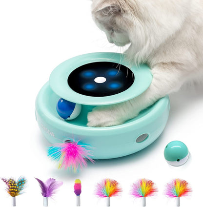 2-In-1 Interactive Cat Toy Set for Indoor Cats - Automatic Toy Balls and Feather Mice with 7 Attachments, Dual Power Supply, Adjustable Speed, Auto On/Off Feature