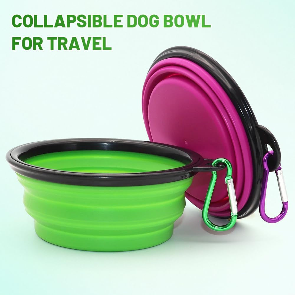 Collapsible Dog and Cat Bowls - 2 Pack Portable Pet Feeding and Watering Dishes with Carabiners (Small, Green and Purple)