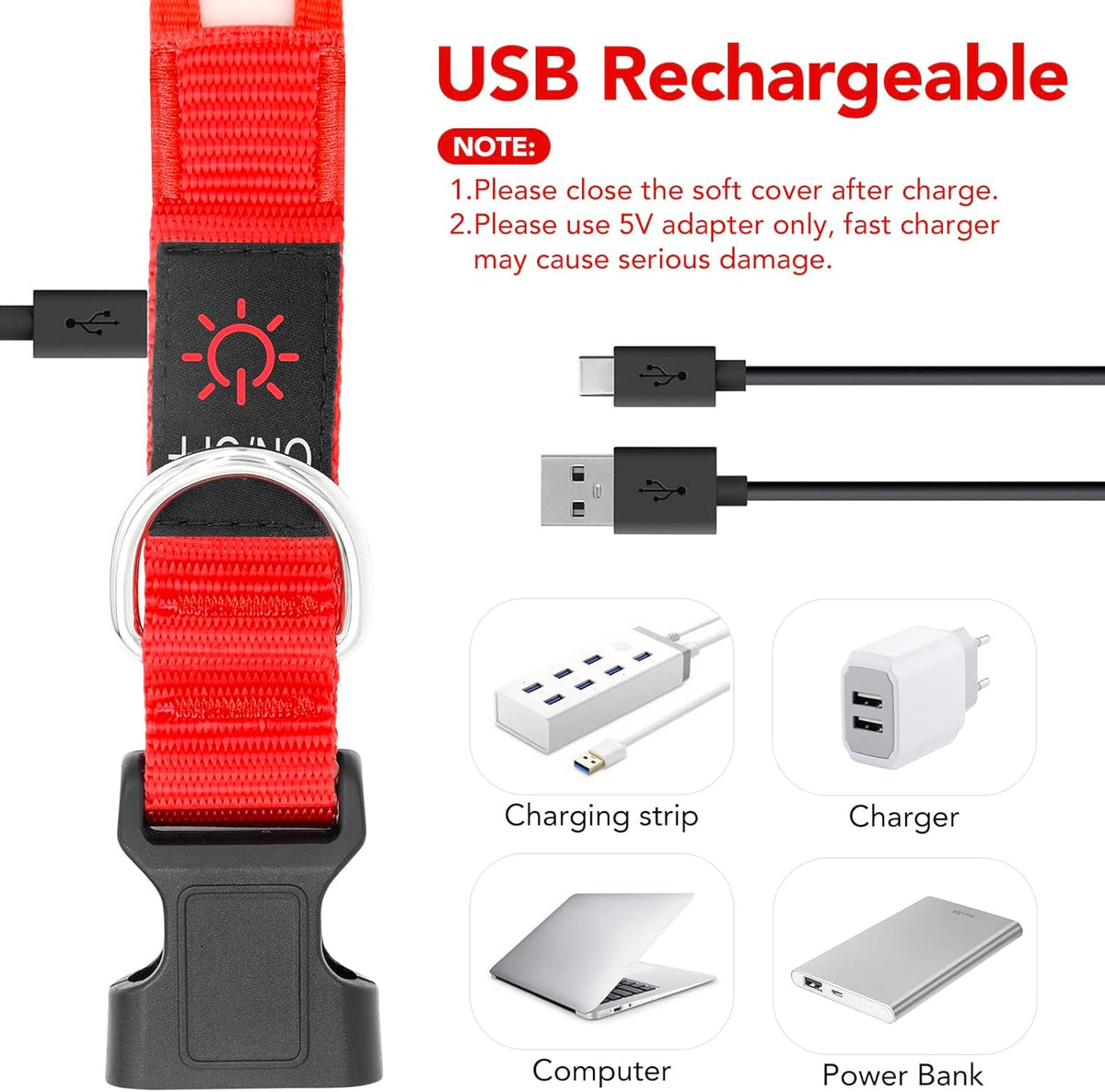 LED Dog Collar - Adjustable USB Rechargeable Super Bright Safety Light for Medium Dogs (Red)