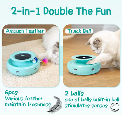 2-In-1 Interactive Cat Toy Set for Indoor Cats - Automatic Toy Balls and Feather Mice with 7 Attachments, Dual Power Supply, Adjustable Speed, Auto On/Off Feature