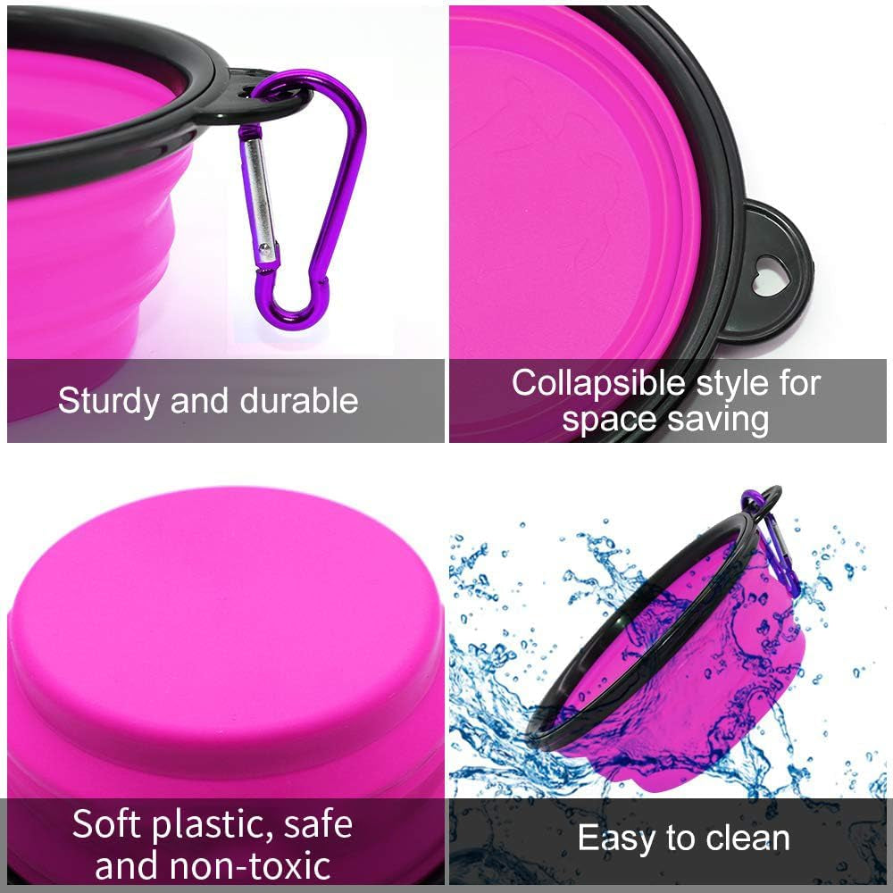 Collapsible Dog and Cat Bowls - 2 Pack Portable Pet Feeding and Watering Dishes with Carabiners (Small, Green and Purple)