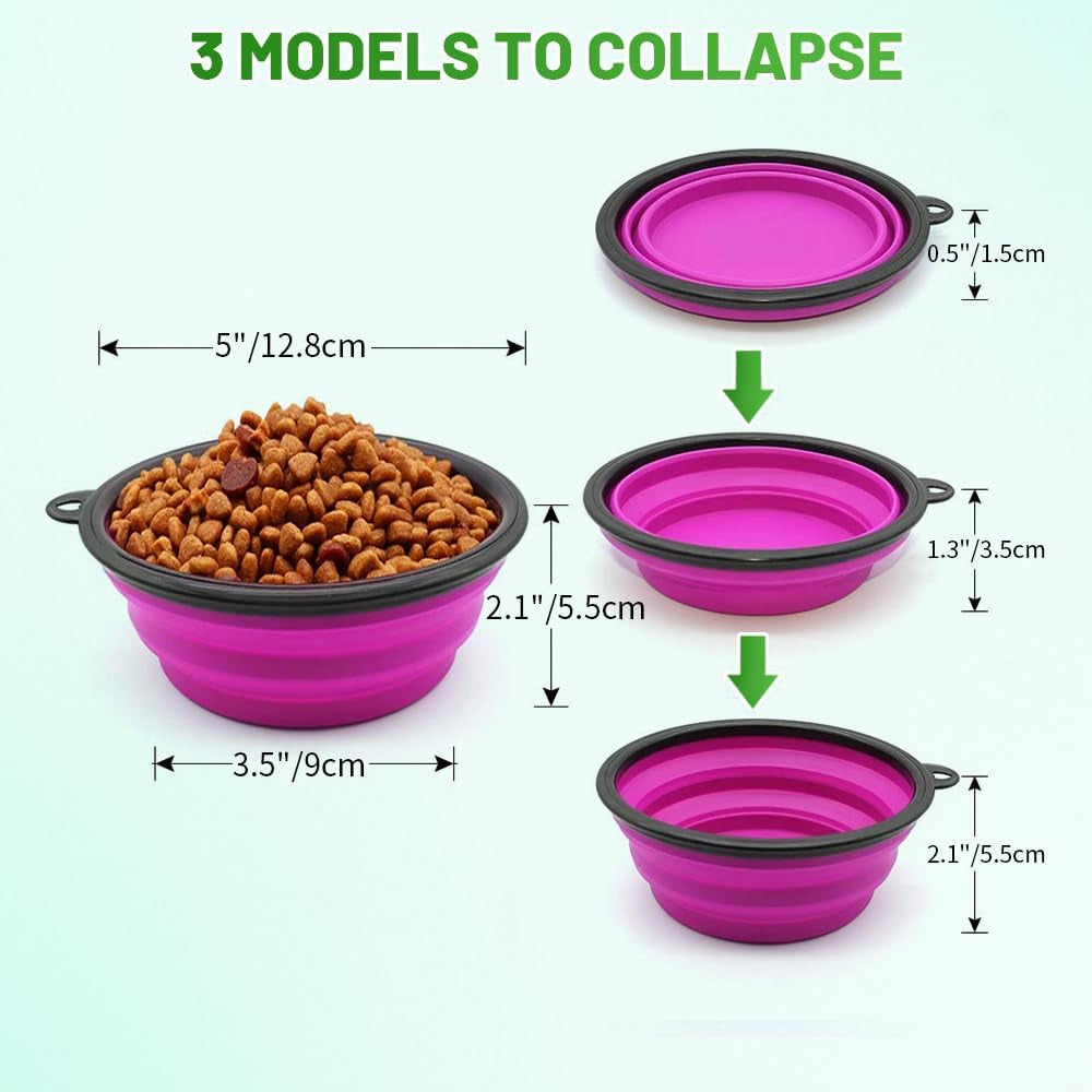 Collapsible Dog and Cat Bowls - 2 Pack Portable Pet Feeding and Watering Dishes with Carabiners (Small, Green and Purple)