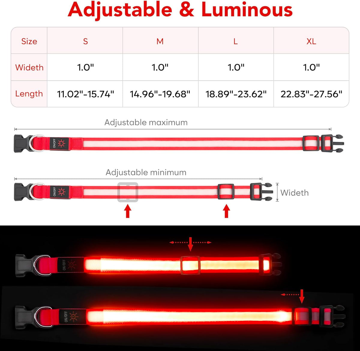LED Dog Collar - Adjustable USB Rechargeable Super Bright Safety Light for Medium Dogs (Red)