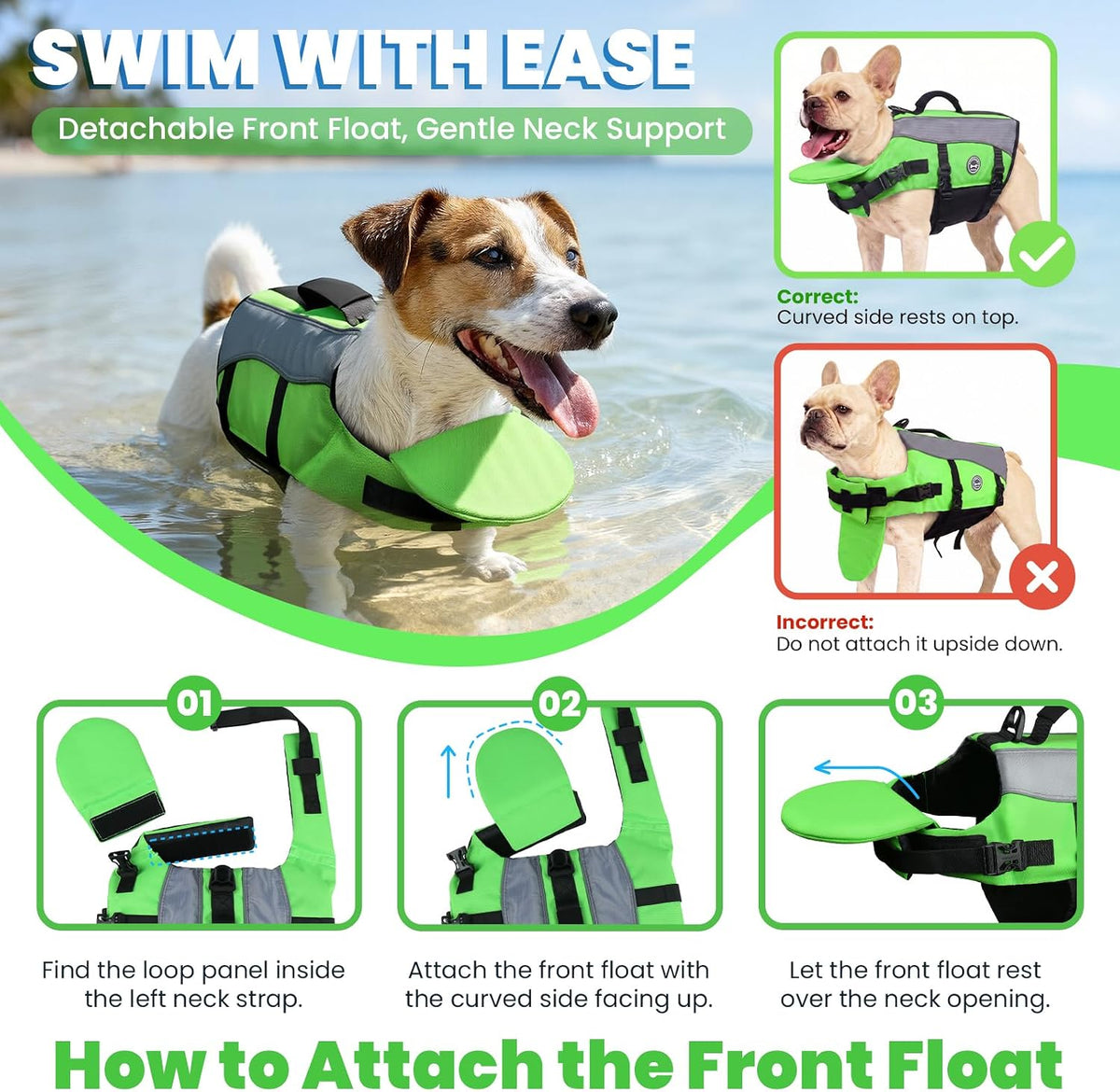 Dog Life Vest for Swimming, Front Float Design, XXS, Bright Green